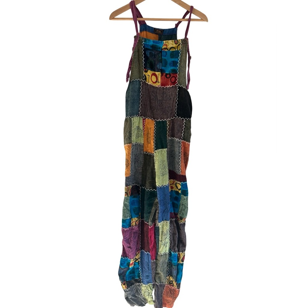 Rising International Boho Hippie Quilt Cross Stitch Block Print Pattern Overalls - Picture 5 of 16
